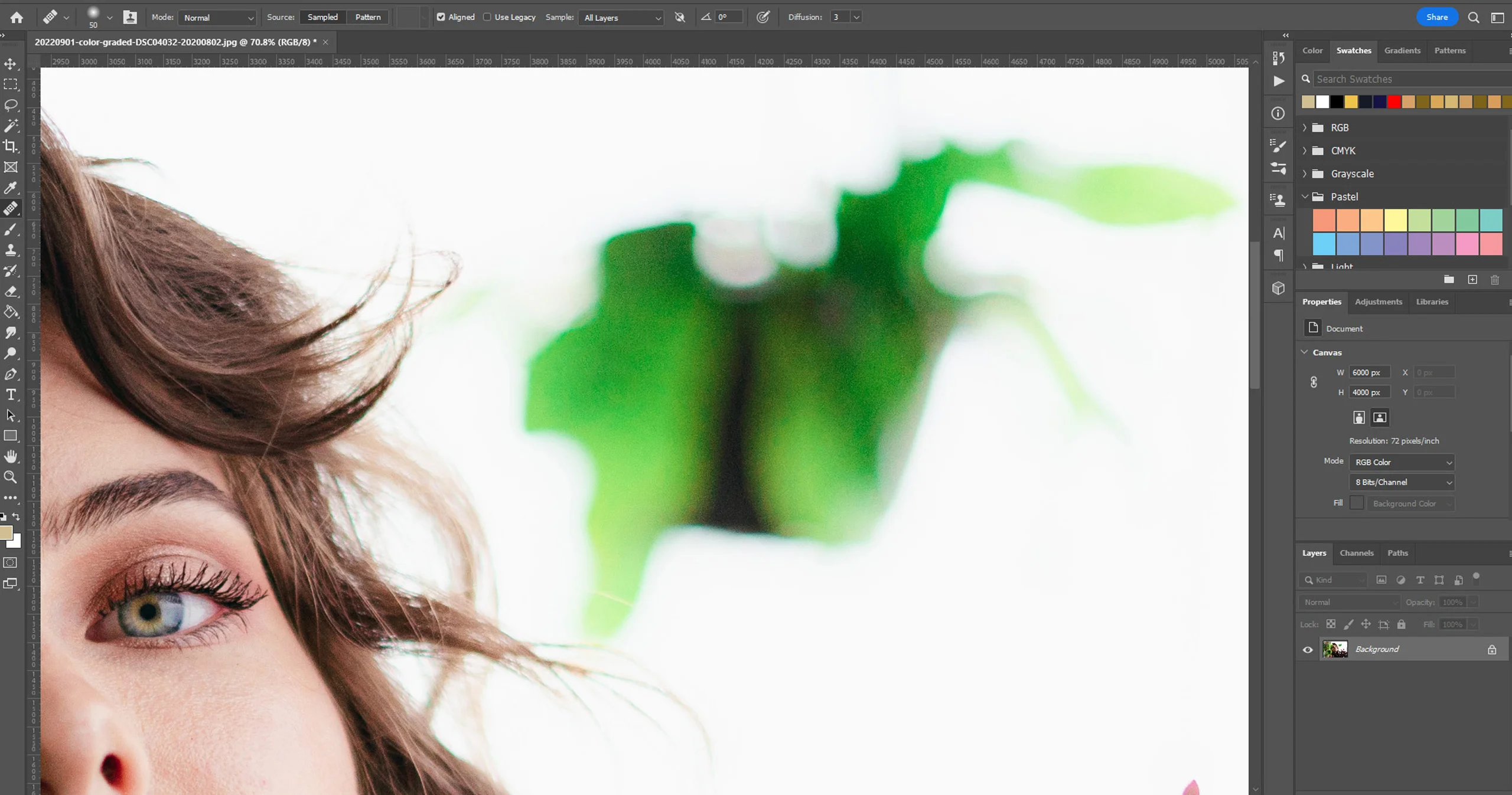 Editing process of a photo of a woman surrounded by plants.