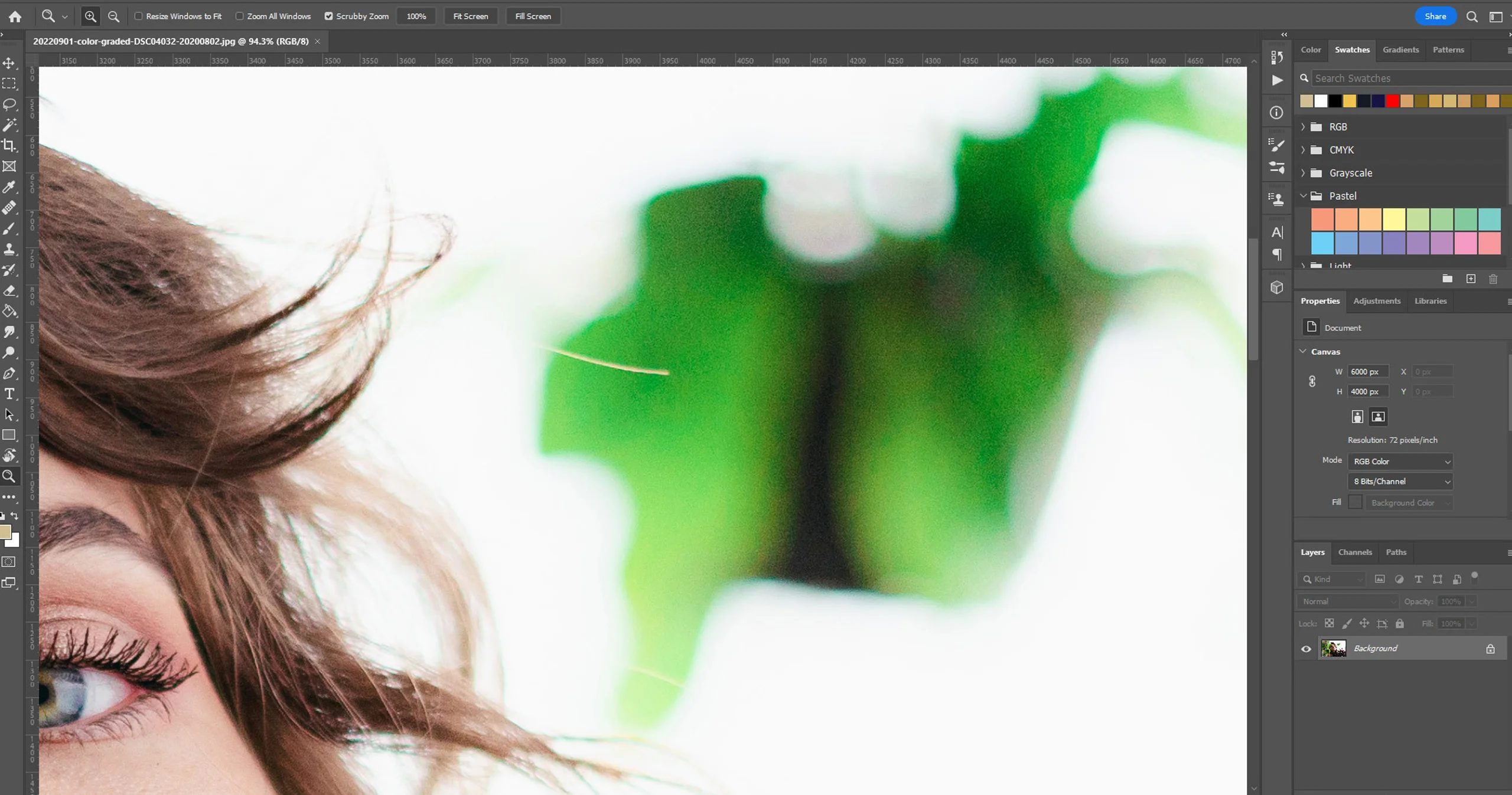 Editing process of a photo of a woman surrounded by plants.