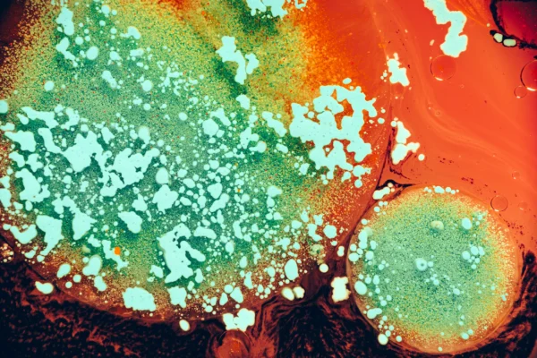 An abstract macro photograph of acrylic paint, oil, and water.